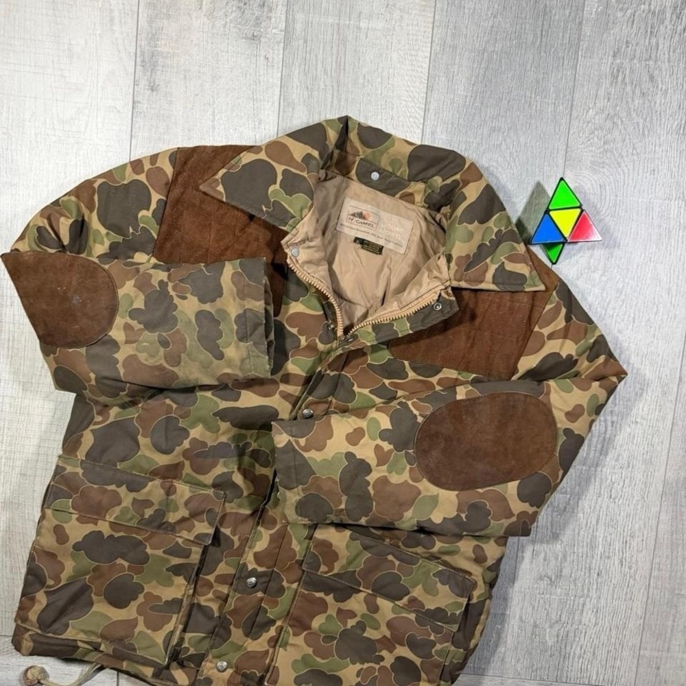 Vintage 90s camel cigarettes goose down camo‎ hunting puffer wildlife jacket